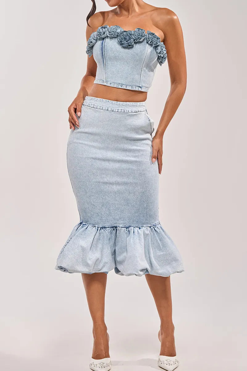 Women's Floral Strapless Cropped Denim Top Or Fitted Denim Mini Skirt With Ruffled Hem