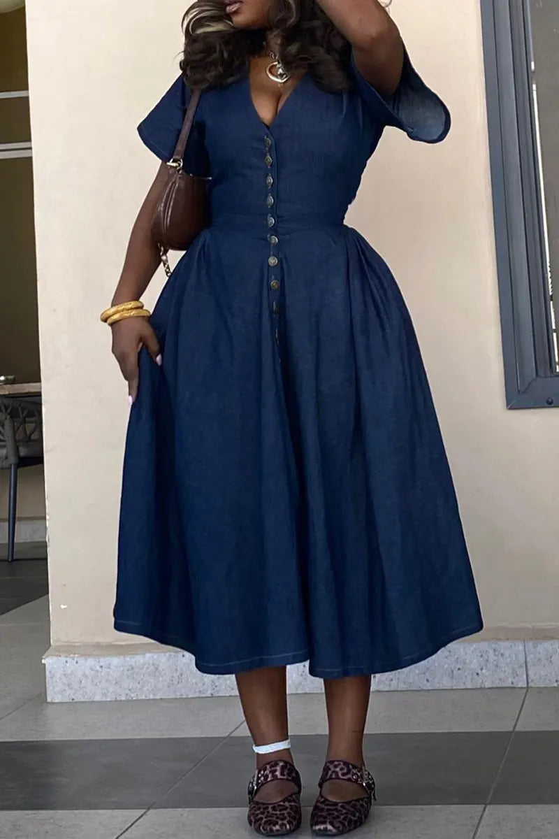 Women V-neck Breasted Waist Cinched Elegant Casual Denim Dress