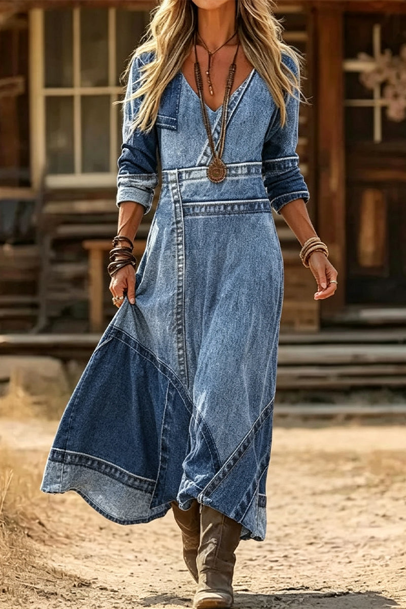 Women's V-neck Faux Denim Print Elegant Casual Dress
