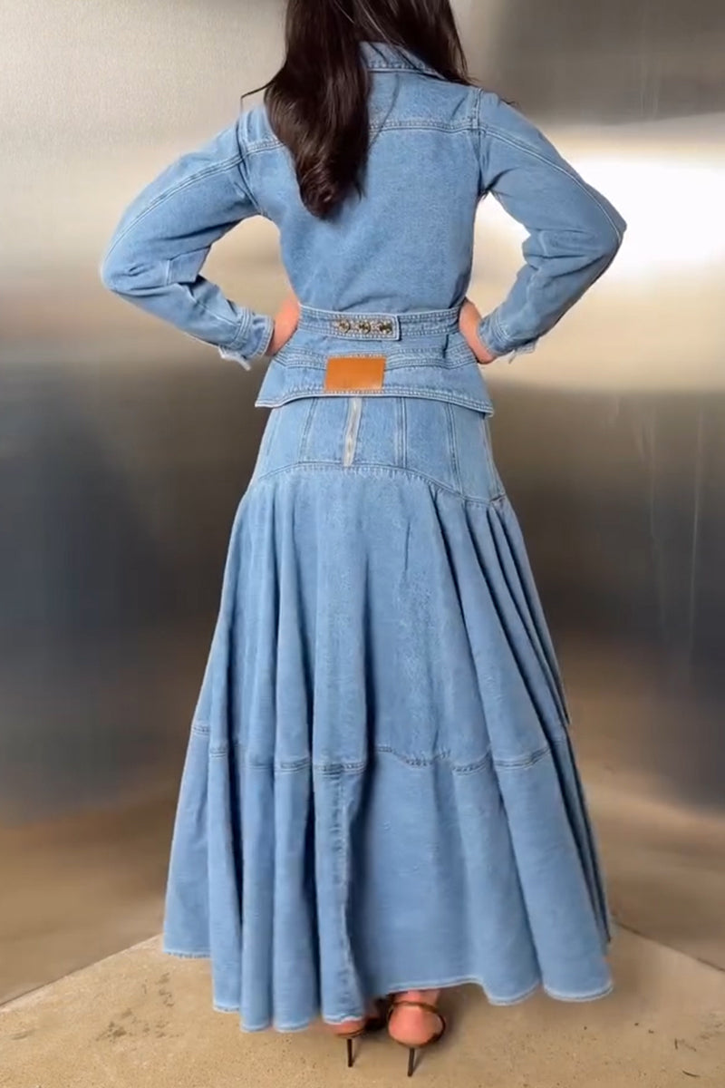 Women's Fashion Waist Cinching Tie Denim Jacket or Patchwork Skirt