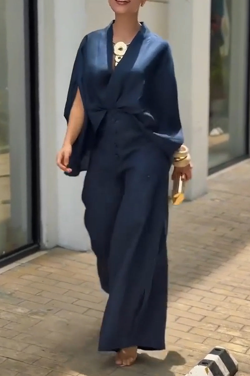 Women's V-neck Top and Pants Solid Color Casual Suit