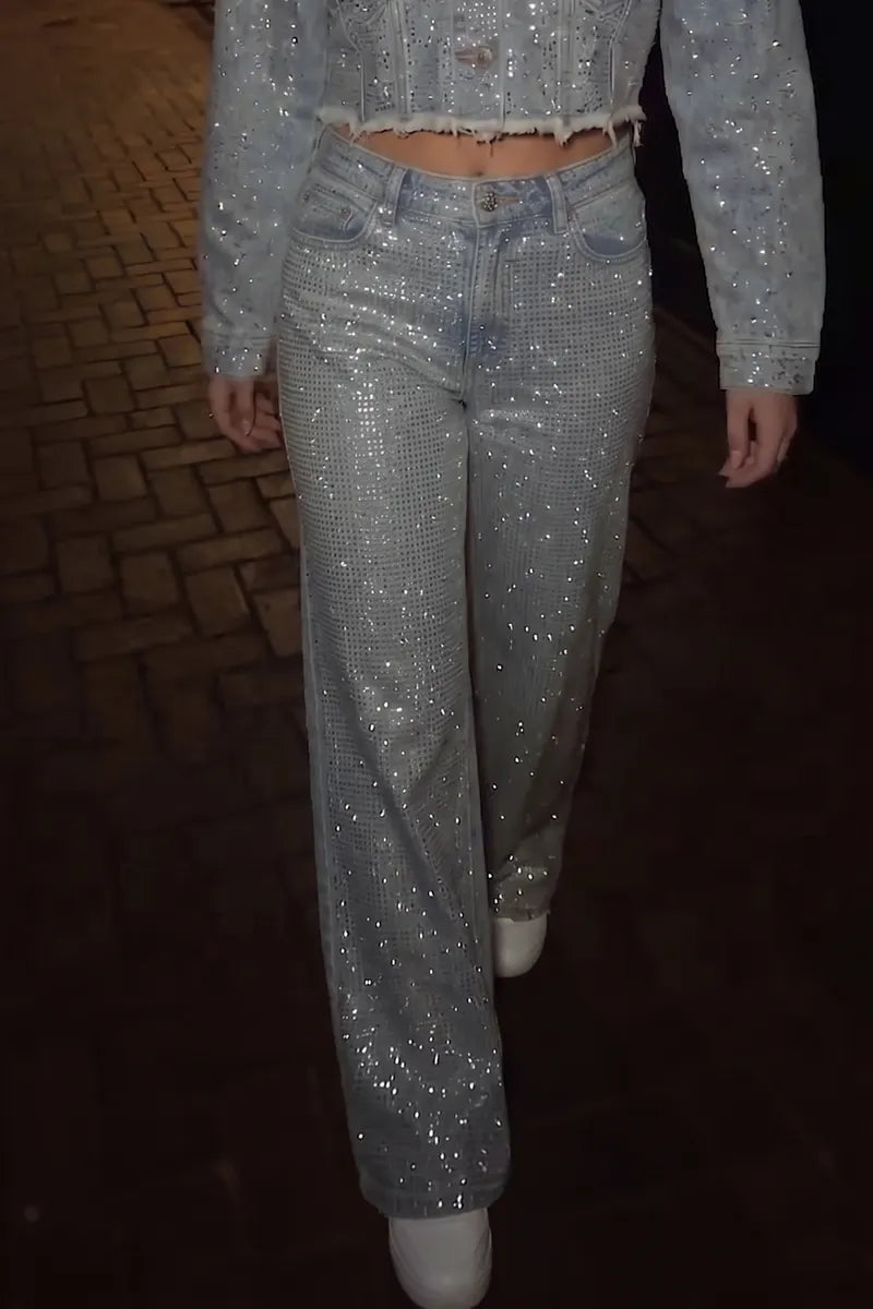 Women's Fashion Sparkling Rhinestone Star Pattern Patch Jeans