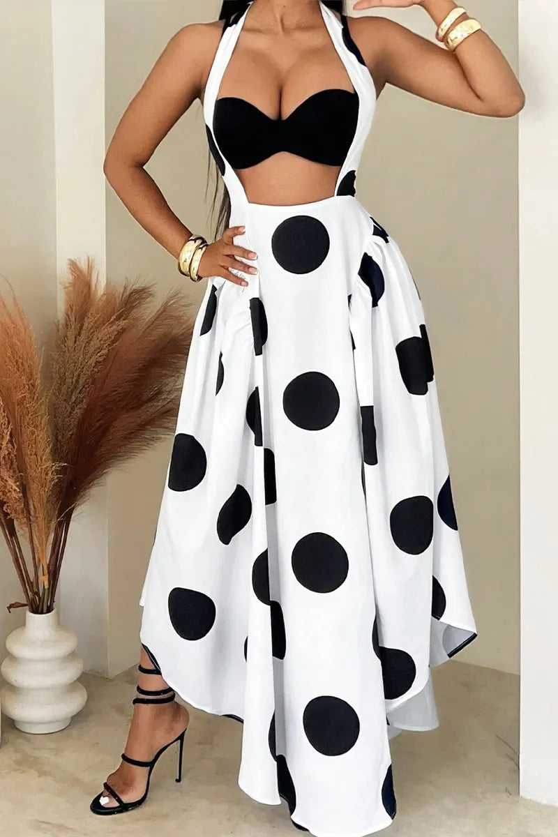 Women's Neck Hanging Patchwork Polka Dot Print Irregular Casual Dress