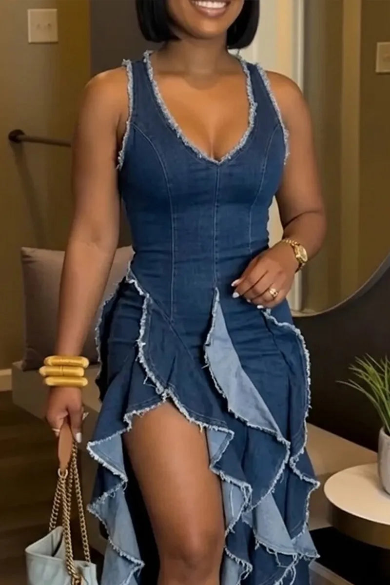 Ladies' Elegant Backless Deep V-Neck Long Denim Dress