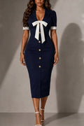 Women's Elegant Color-Block Bow Slim Fit Dress