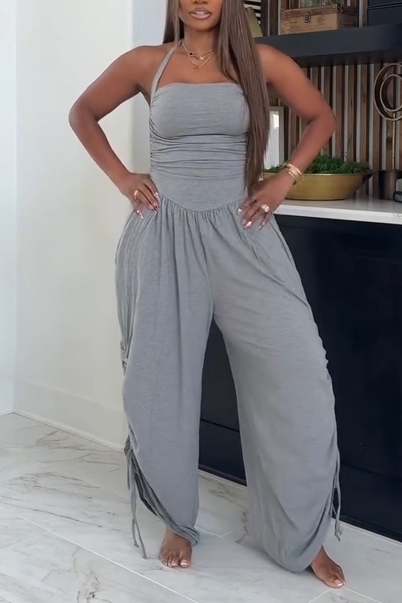 Women's Hanging Neck Splicing Solid Color Casual Jumpsuit
