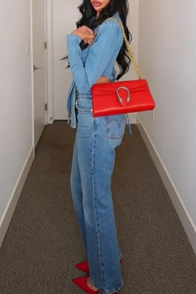Women's Casual Beaded Short Denim Vest Top Or Beaded Wide Leg Jeans