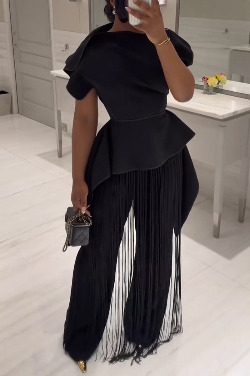 Women's Fashion Asymmetric Vest Pants Fringe Decoration Two-Piece Set