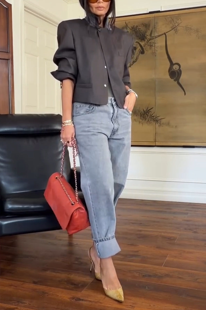 Women's Temperament Casual Collar Jacket or Washed Denim Jeans