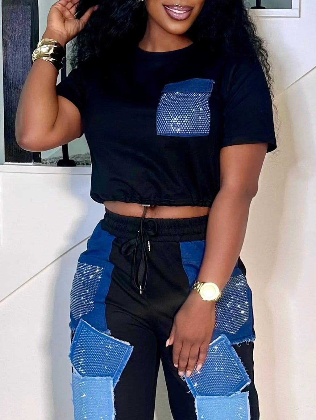 Women's Casual Black Crop Top or  Pants Set with Denim Rhinestone Patches