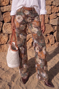 Women's Vintage Brown Floral Print Straight Leg Jeans High Rise Artistic Casual Denim Pants