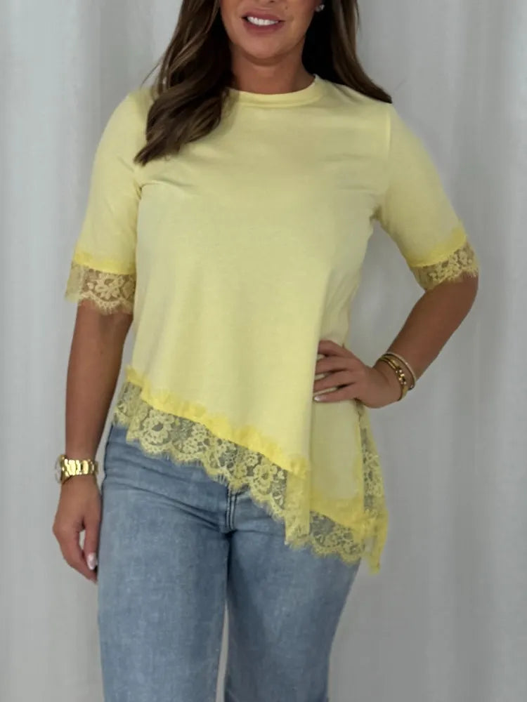 Women Round Neck Patchwork Lace Irregular Casual Top