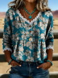 Women's Vintage Floral Print Casual Hollow-Out Denim Shirt