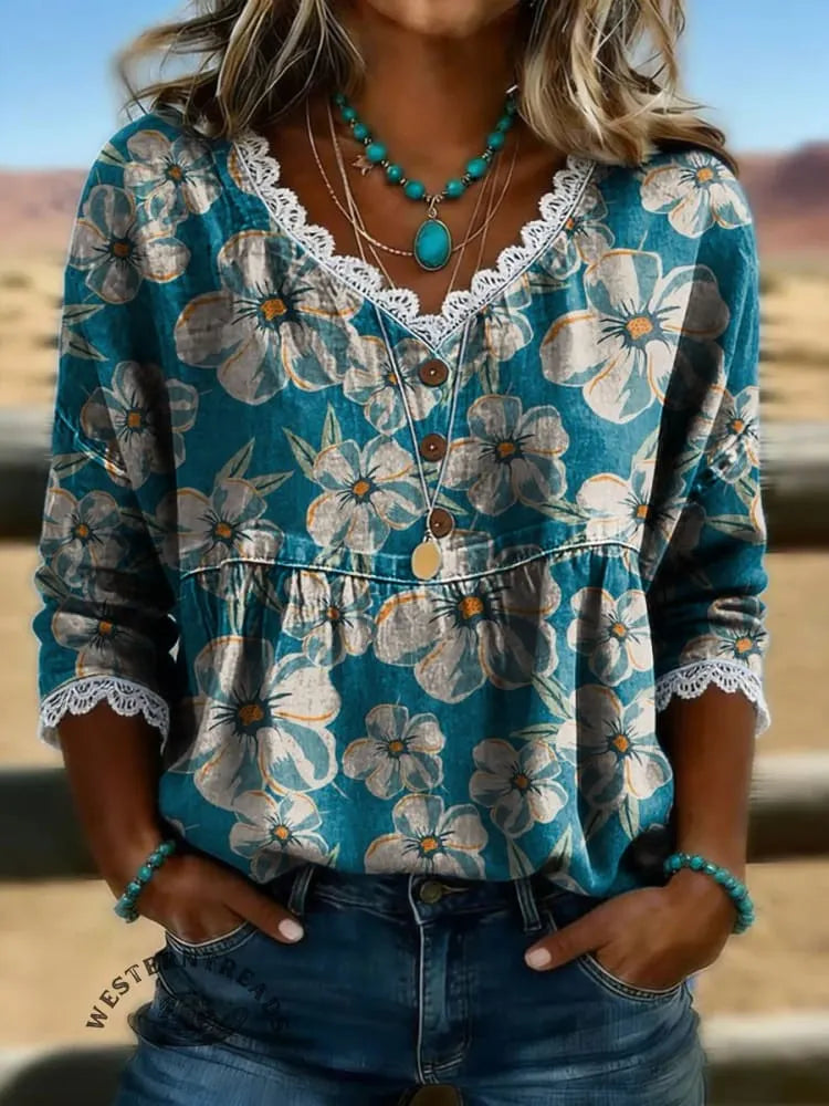 Women's Vintage Floral Print Casual Hollow-Out Denim Shirt