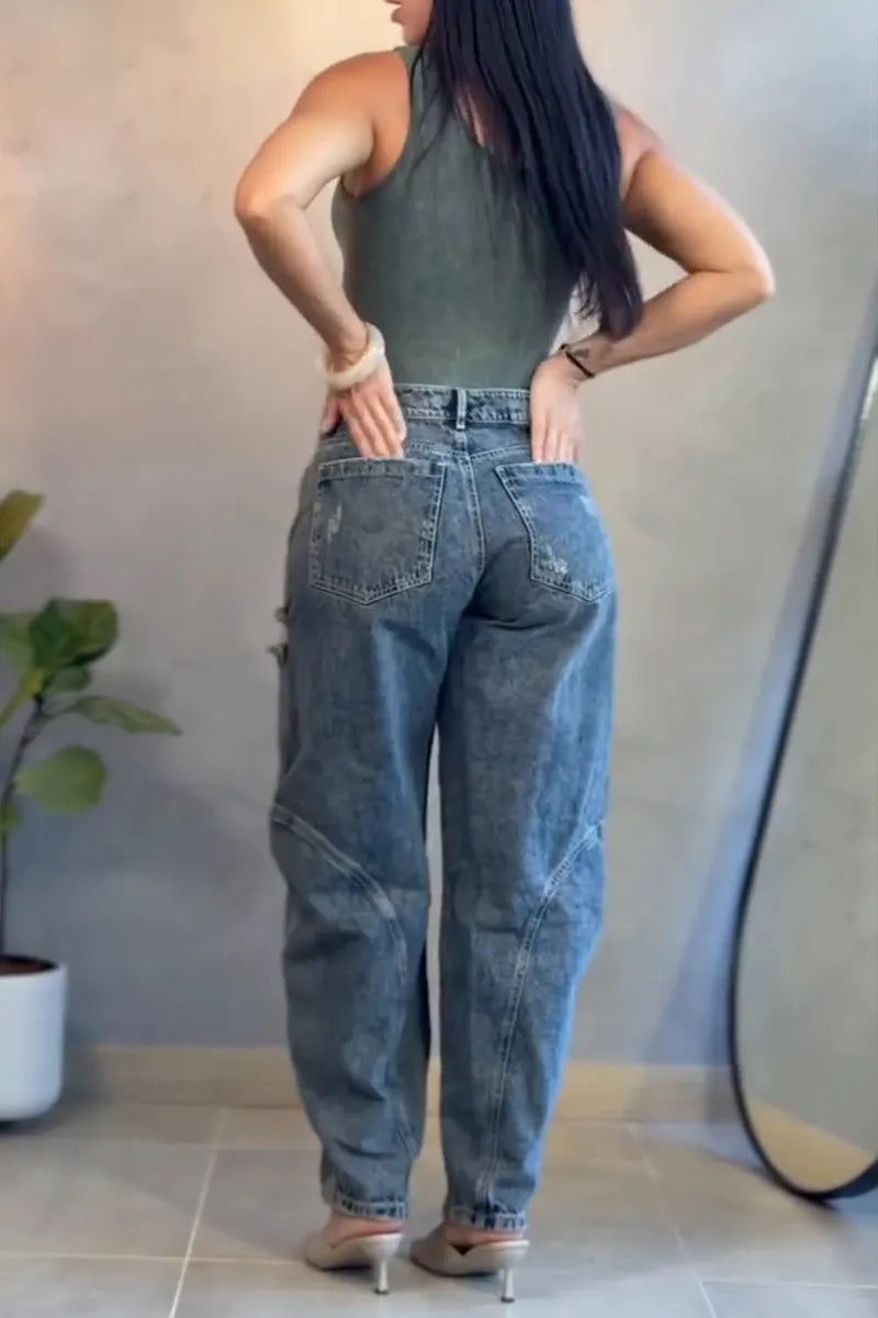 Women's Casual Ripped Wash Loose Curved Patchwork Jeans
