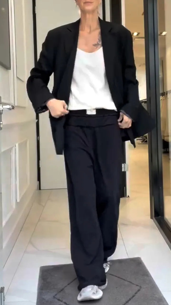 Women Lapel Jacket + Pants Solid Color Temperament Commuter Set
