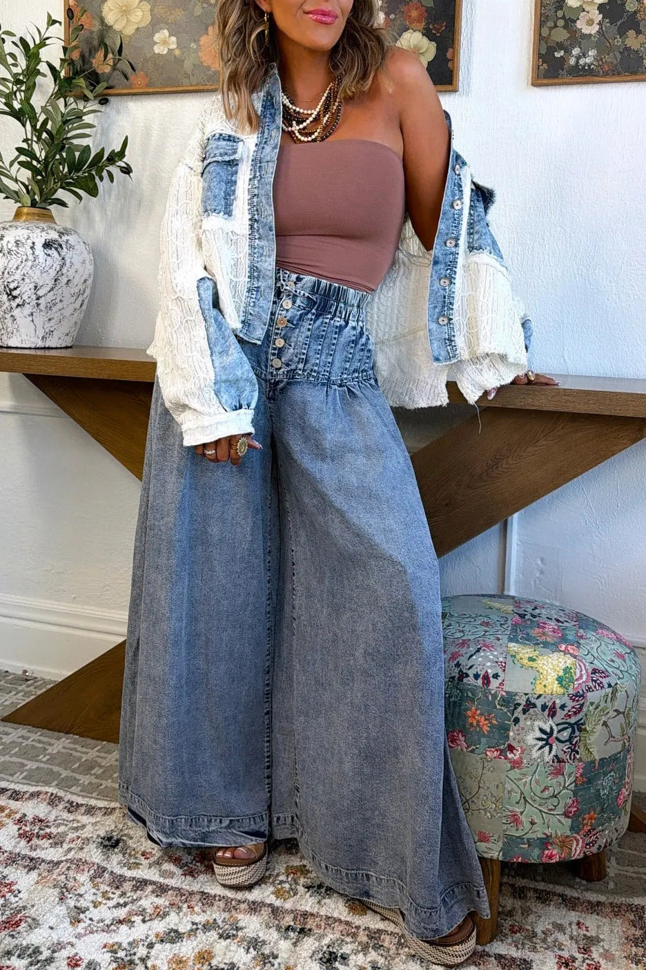 Women's Casual Waist Pleated Drawstring Washed Wide Leg Jeans