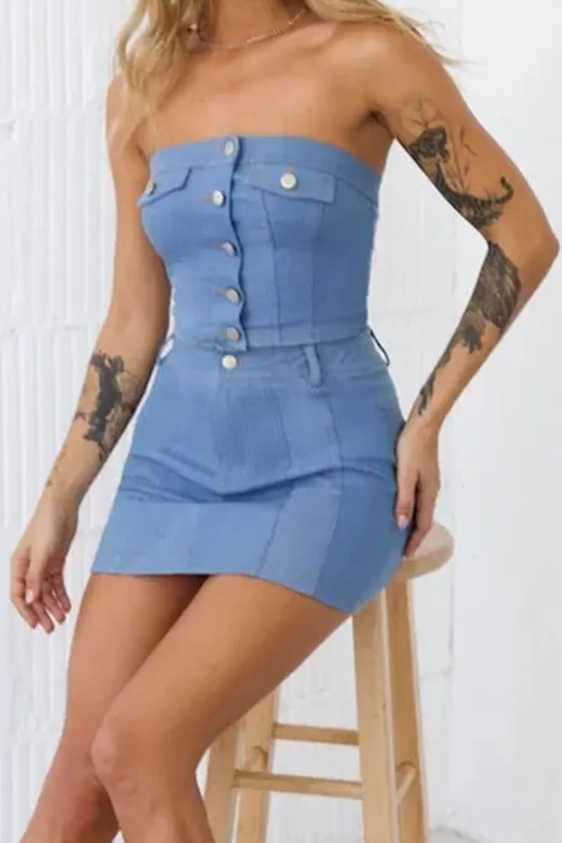 Women's Strapless Button Up Top Or  Short Denim Skirt