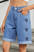 Women's Casual Side Heart Print Rolled-Hem Denim Shorts