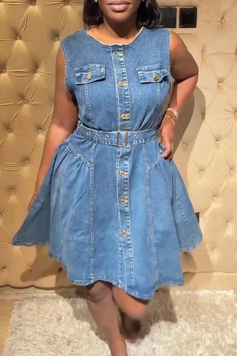 Women's Round Neck Sleeveless Buckle Patchwork Casual Denim Dress