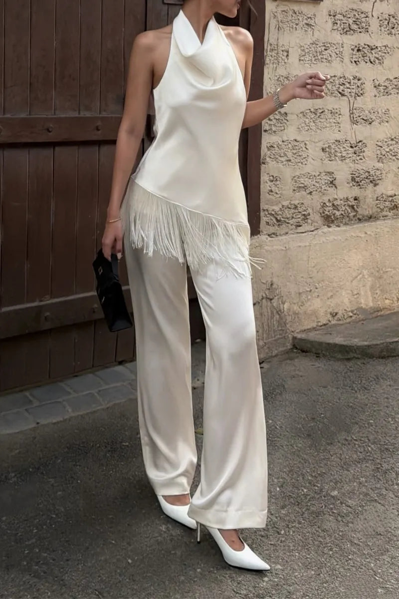 Women's Elegant Simple Fringe Hem Vest Pants Two-Piece Set
