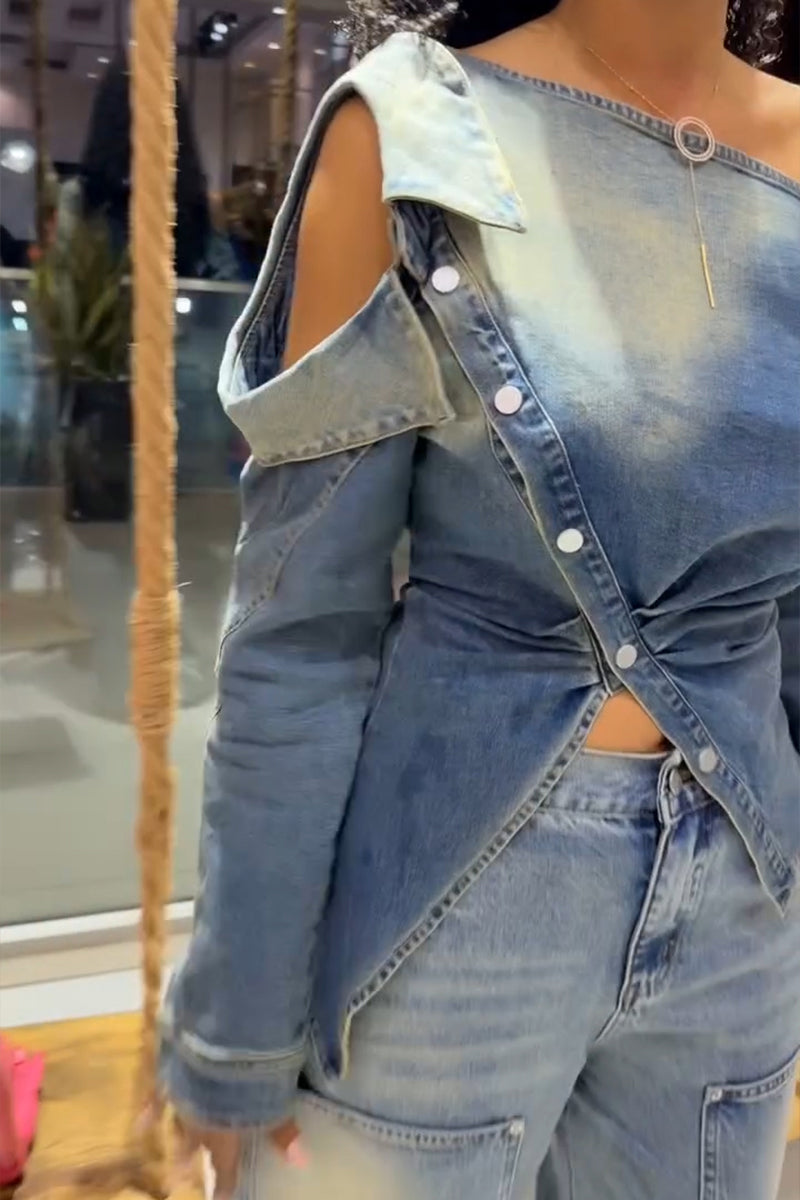 Women's Fashion Lapel Button Asymmetric Denim Top or Jeans