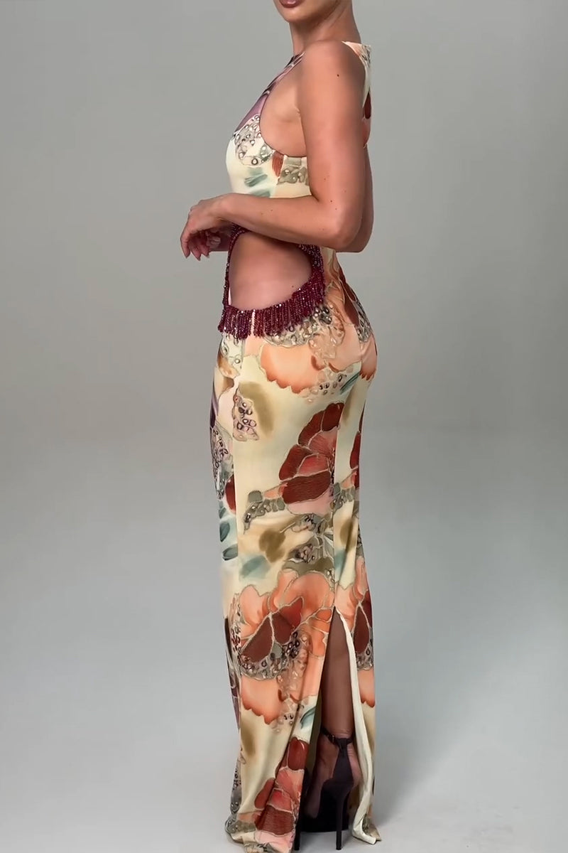 Women's Elegant Printed Waist Hollow Tassel Maxi Dresses