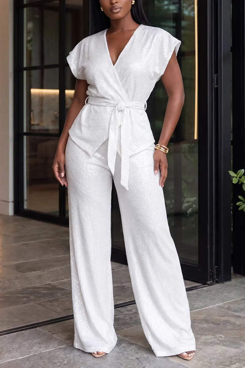 Women's Elegant Shiny Rhinestone Waist Lace-Up Top Pants Two-Piece Set