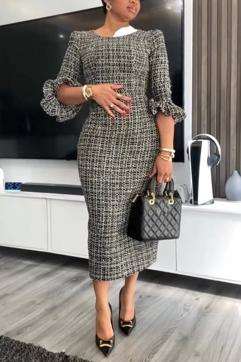 Women's Round Neck Slim Fit Elegant Temperament Tweed Dress