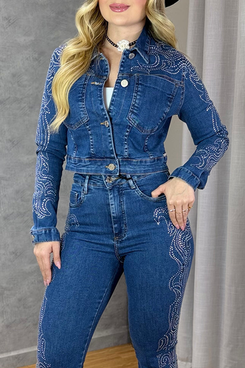 Women's Casual Pattern Hot-Fix Rhinestone Denim Jacket or Flare Jeans