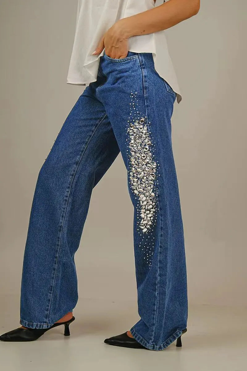 Women's Casual Versatile Rhinestone Trim Jeans