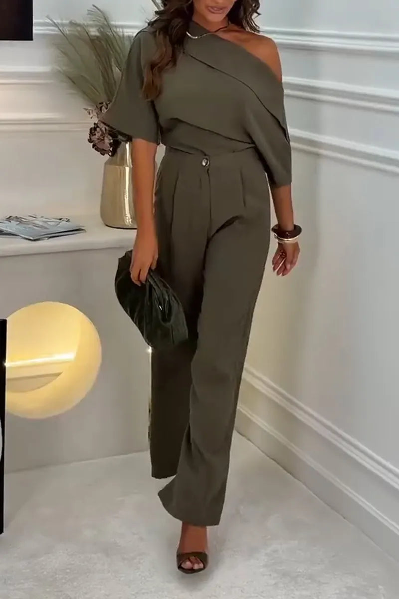 Women's Diagonal Collar Top+ Pants Casual Suit with Temperament