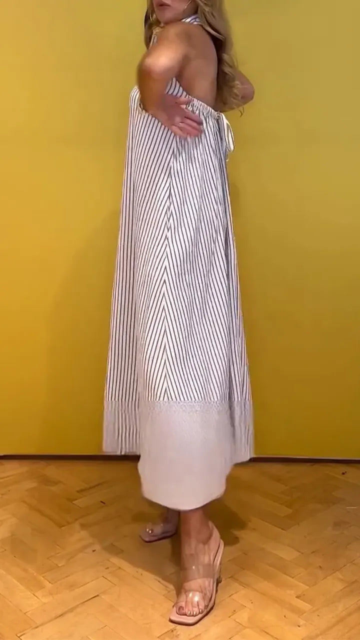 Ladies Collar Vertical Stripe Casual Dress
