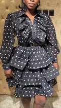 Women Collar Splicing Waist Cinching Polka Dot Printed Casual Dress
