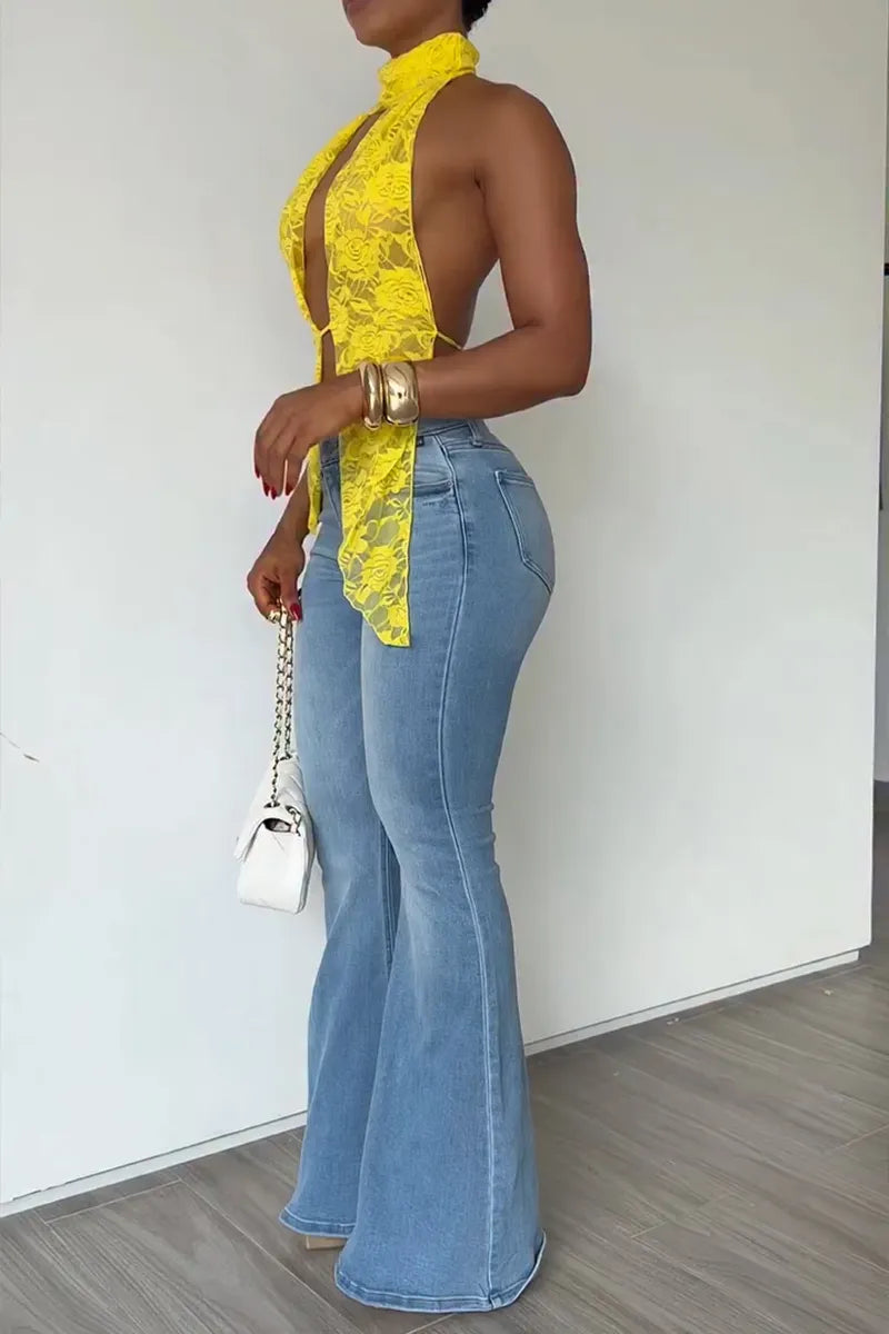 Women's Fashion Lace Backless Vest or Flare Jeans