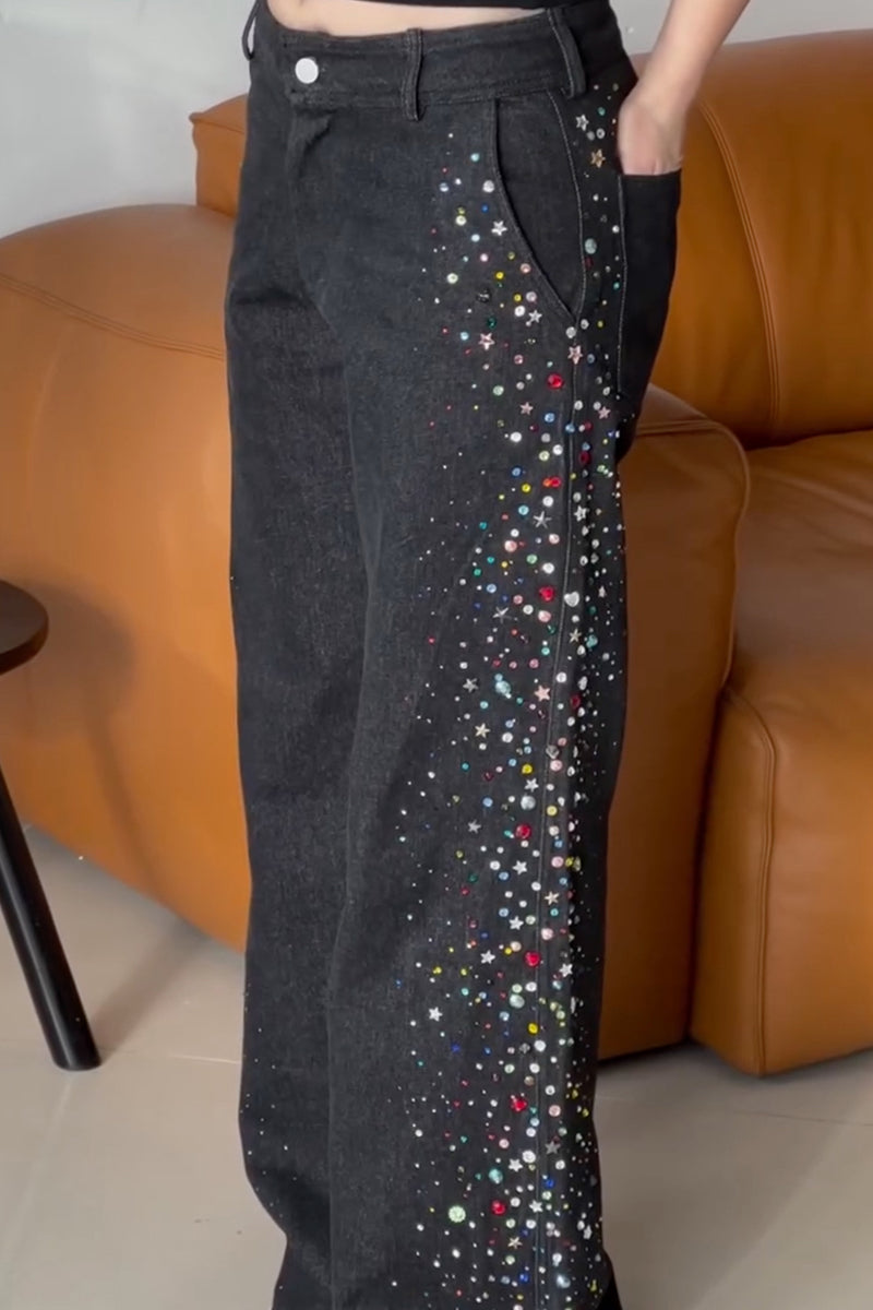 Women's Casual Rhinestone Wide Leg Jeans