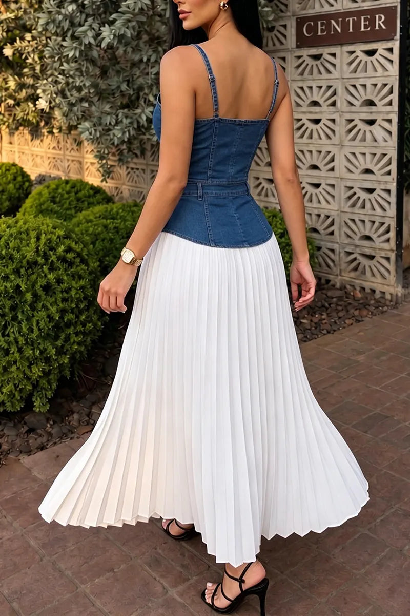 Women's Elegant Denim Vest or Pleated-Panel Skirt