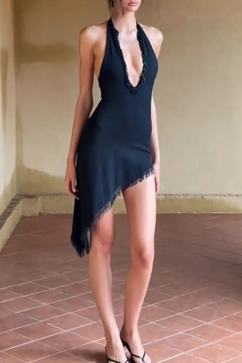 Women's Elegant Sexy V-Neck Asymmetric Hem Fringe Decoration Dress
