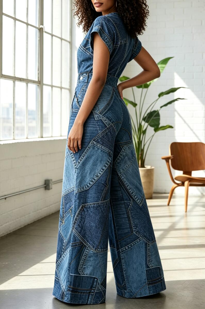 Women's V-neck Temperament Casual Faux Denim Print Jumpsuit