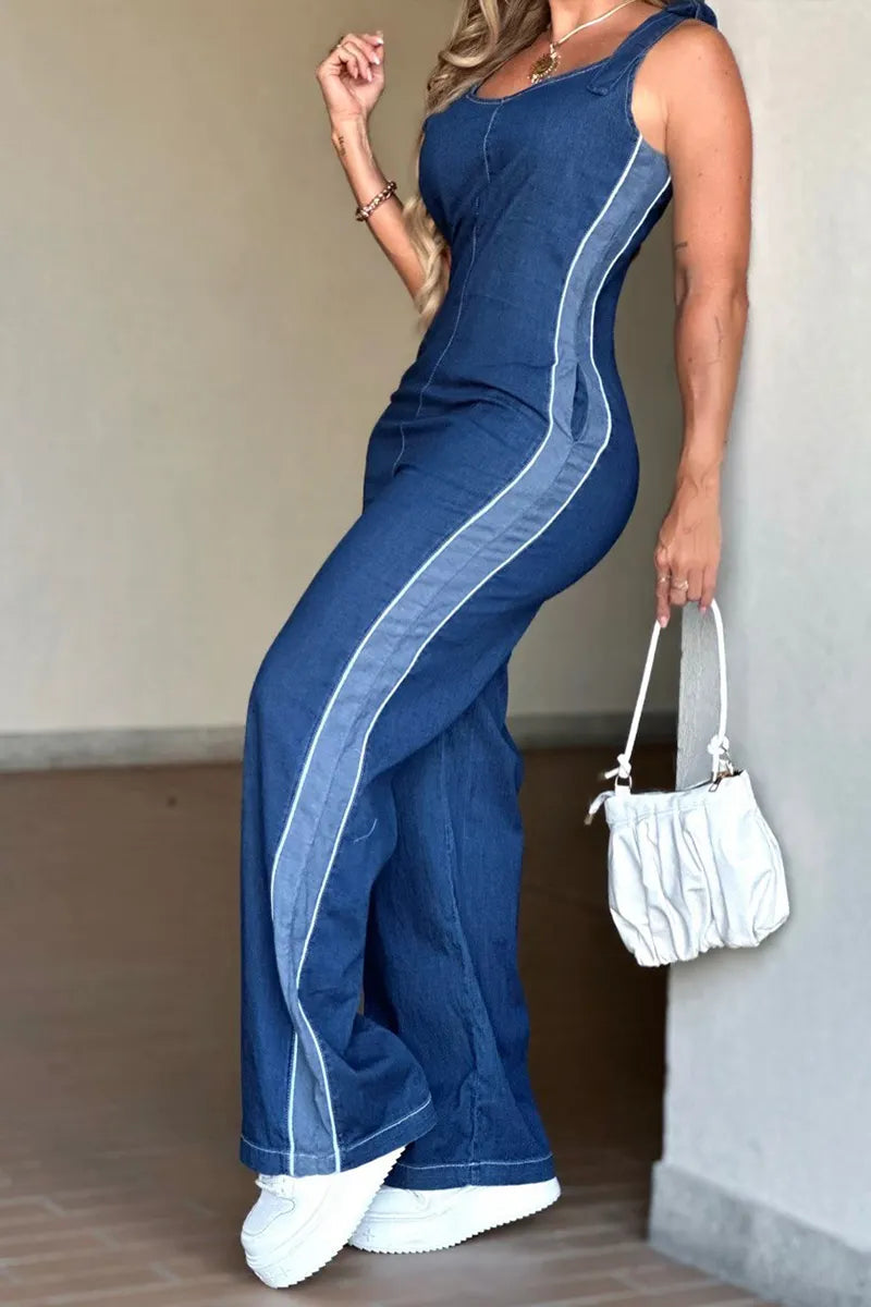 Women's V-Neck Denim Jumpsuit with Side White Stripe Detail