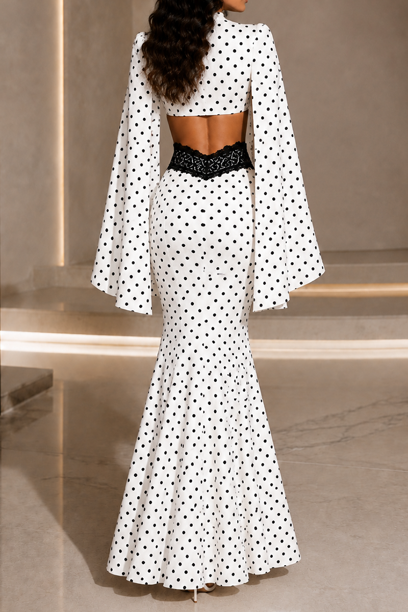 Polka Dot Cape Sleeve Crop Top & Lace Detail Mermaid Maxi Skirt Set