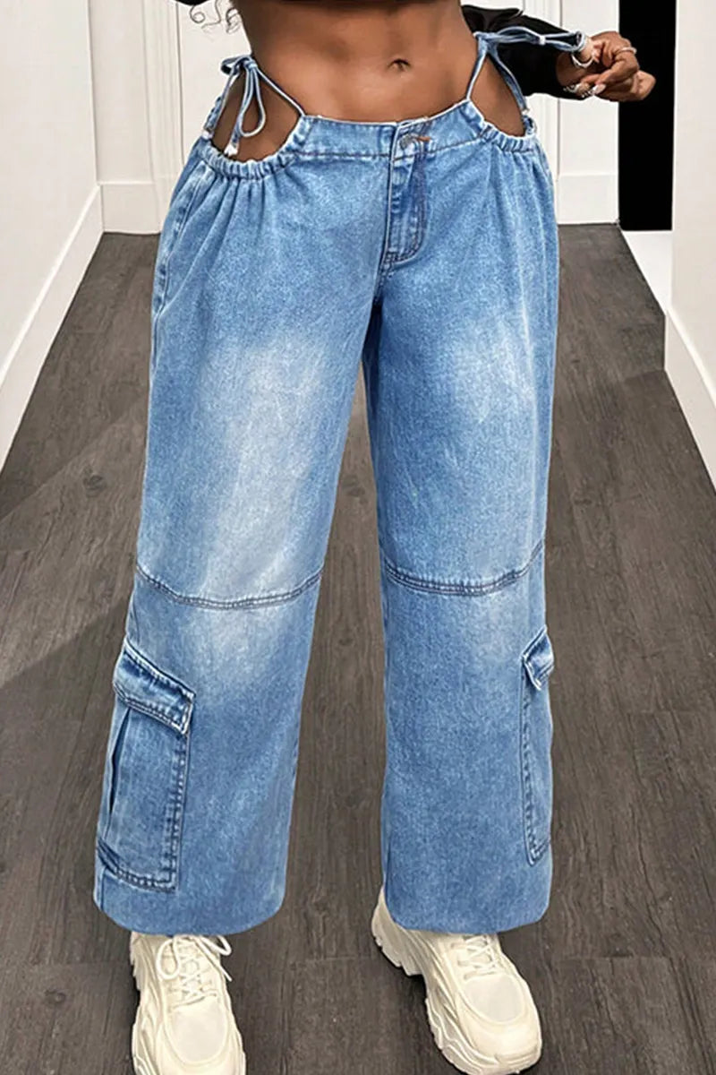 Women's Casual Lace Up Wide Leg Jeans