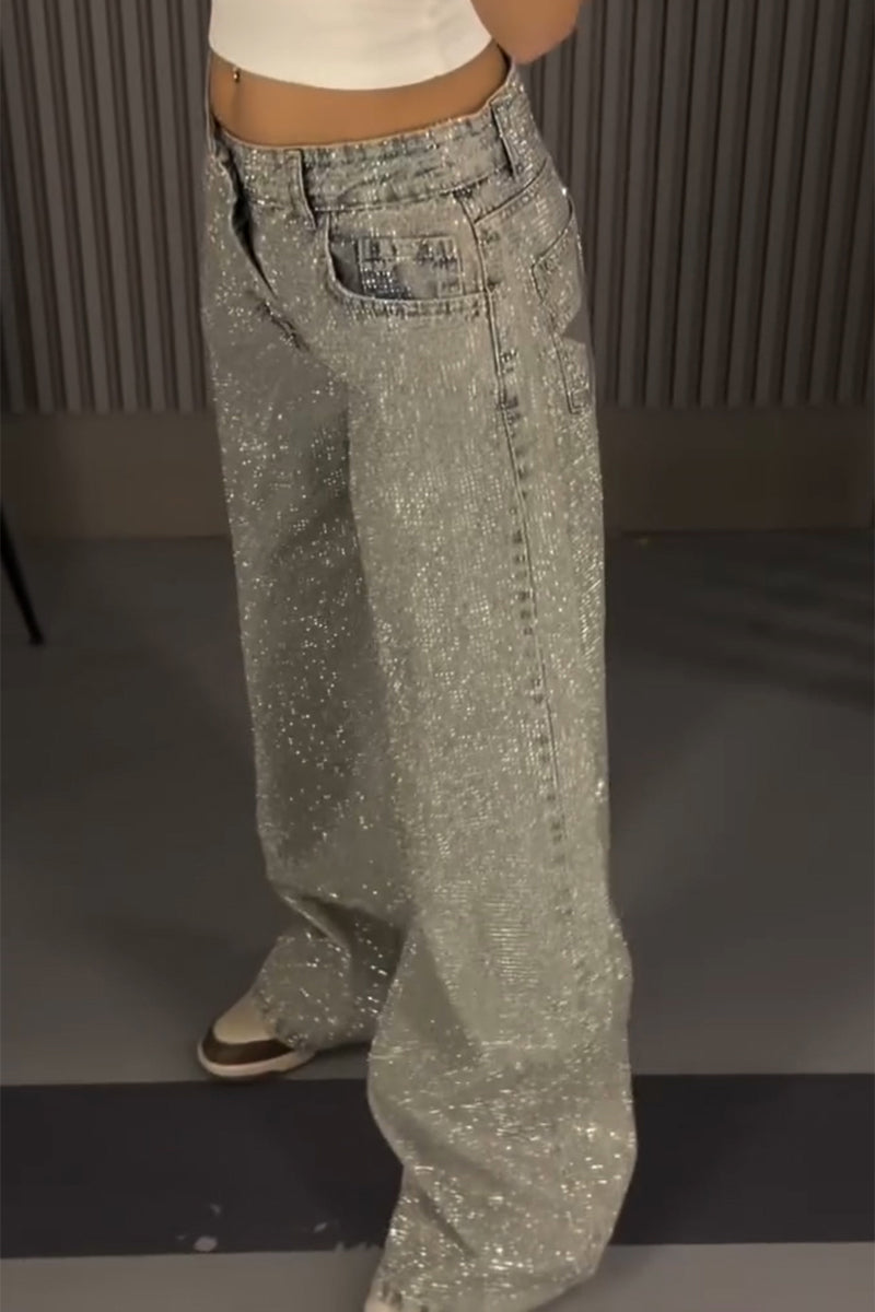 Women's Fashion Rhinestone Star Pattern Jeans