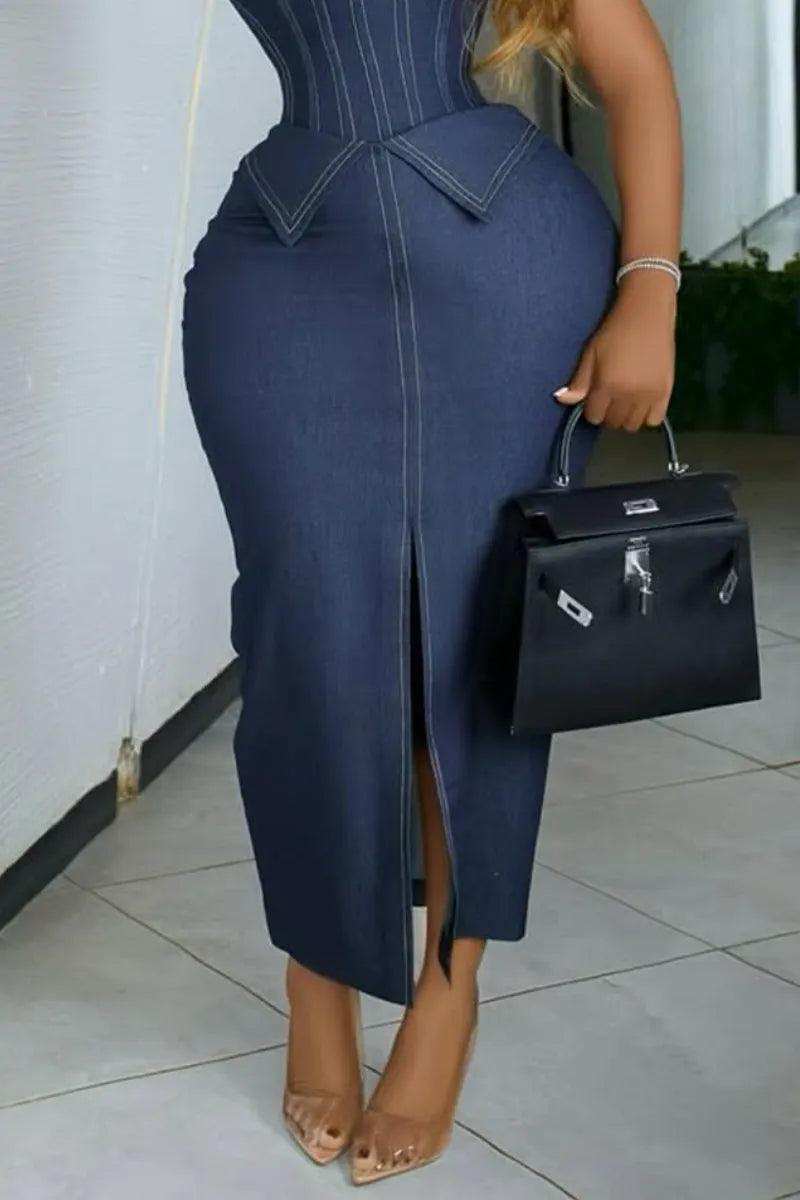Women Elegant Temperament Strapless Denim Top or Split Denim Skirt