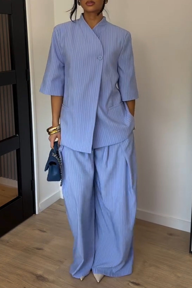 Women's Simple Urban Short Sleeve Stripe Blazer Pants Two-Piece Set