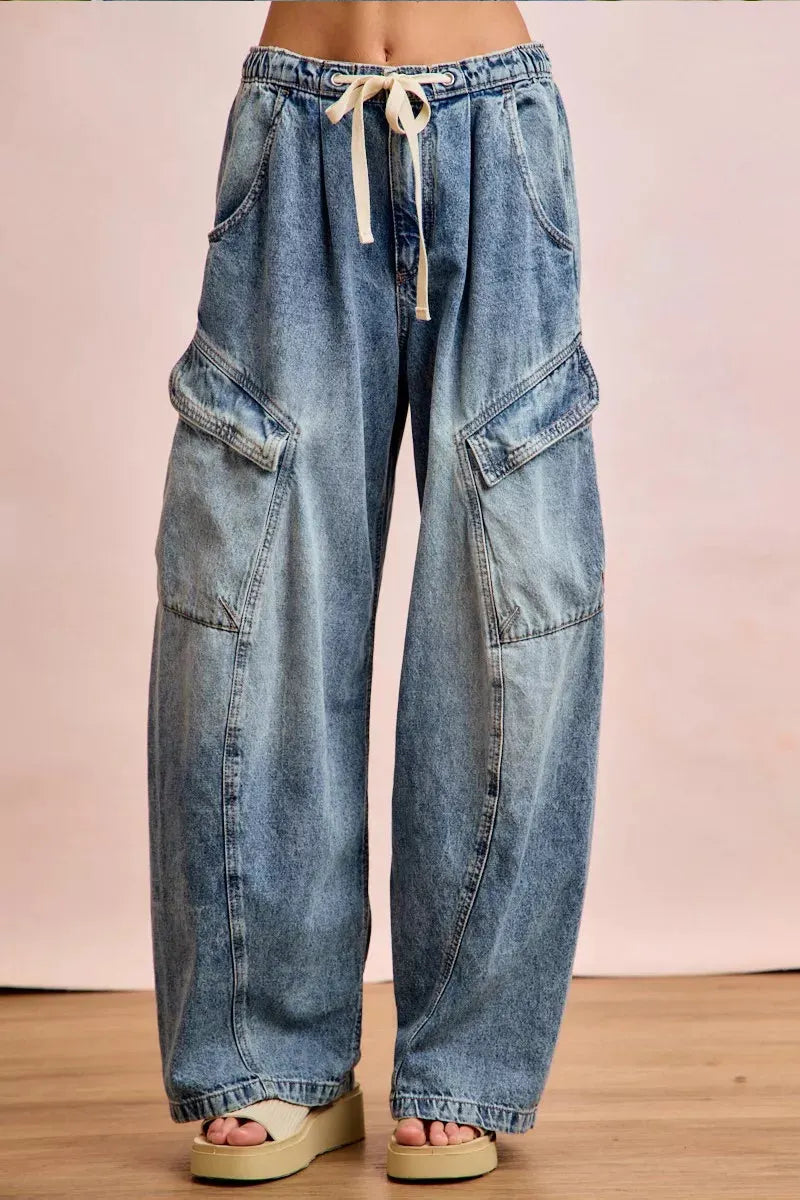 Women's Casual Wide Leg Drawstring Jeans With Multiple Pockets