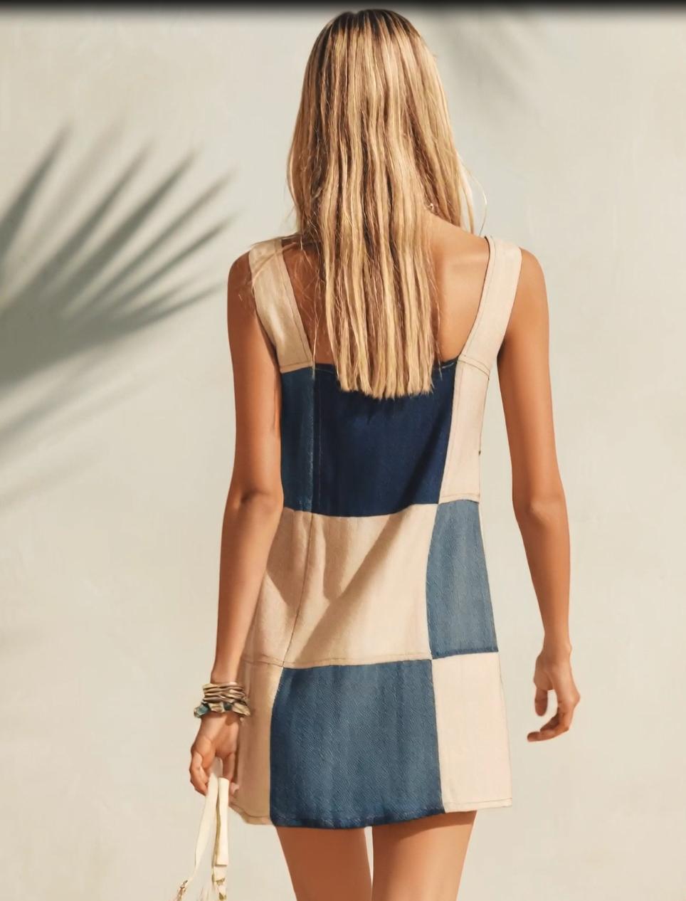 Bohemian Beach Vacation Sleeveless Blue And White Faux Denim Patchwork Square Neck Mini Dress