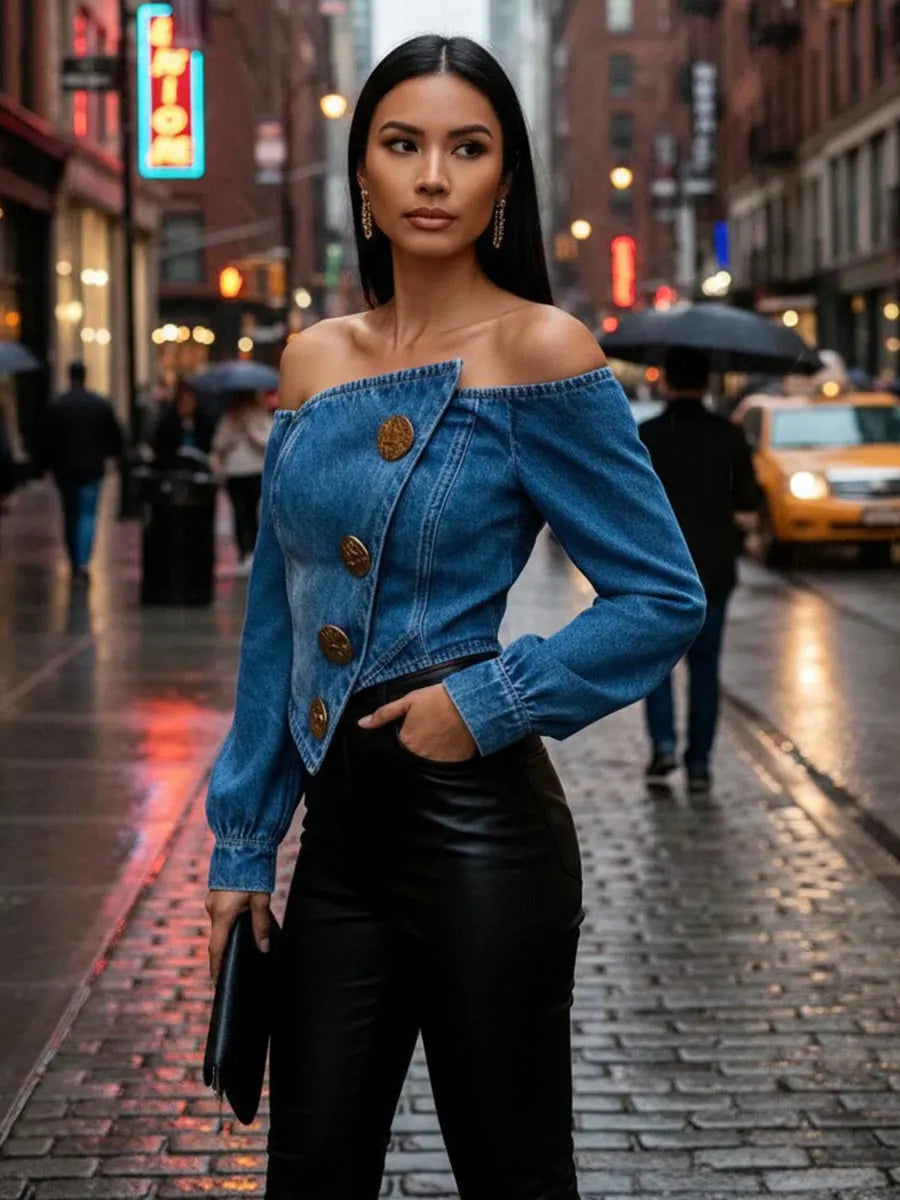 Buttoned Pleated Solid Color Split-Joint Irregularity Long Sleeves Off-The-Shoulder Blouses&Shirts Tops