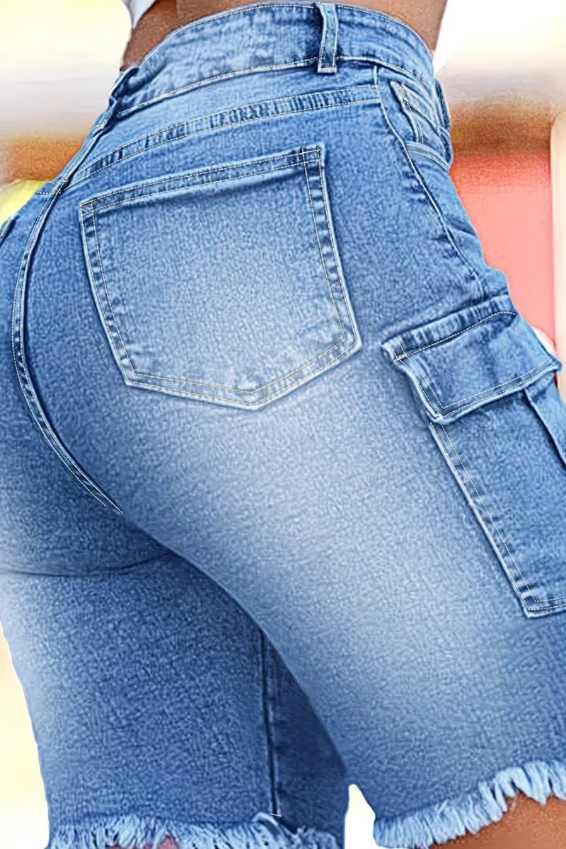 Women's Light Wash Distressed Ripped Gold Eyelet Mid Length Denim Shorts