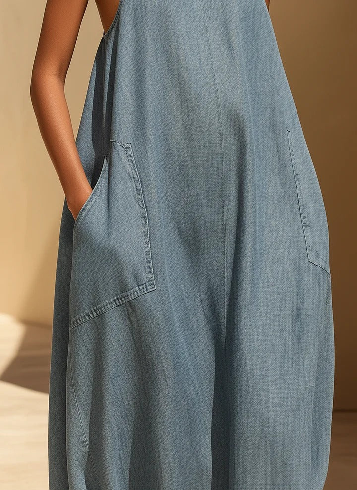 Light Blue Tencel Denim Halter Neck Cocoon Maxi Dress